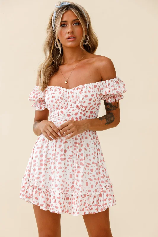 Linka Off-Shoulder Tie Back Dress Spot Print Pink/White