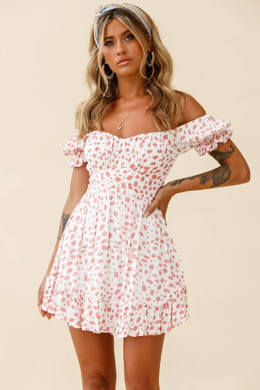 Linka Off-Shoulder Tie Back Dress Spot Print Pink/White