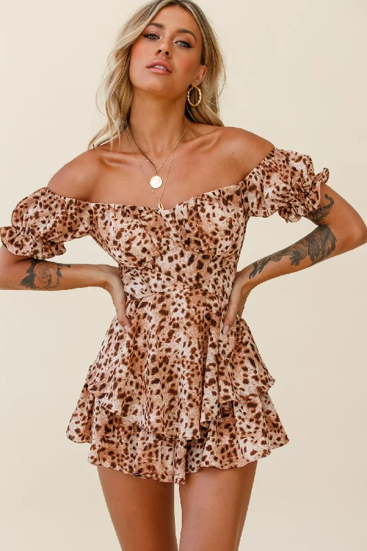 Linka Off-Shoulder Tie Back Romper Leopard Print Brown