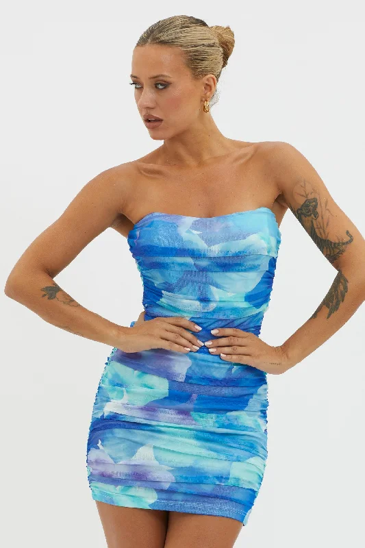 Logan Strapless Ruched Dress Floral Blue