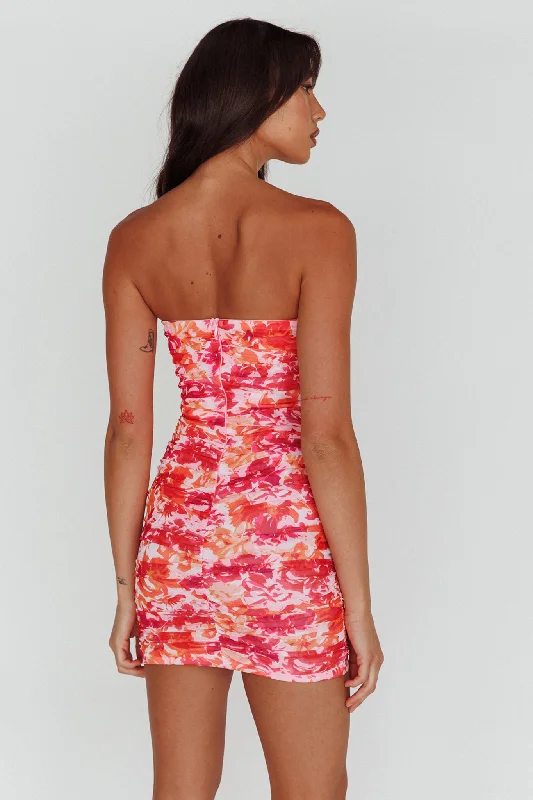 Logan Strapless Ruched Dress Floral Pink/Orange