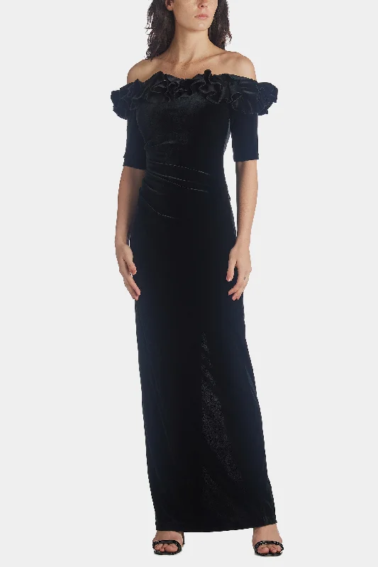 Long 3/4 Sleeve Ruffle Top Velvet Dress