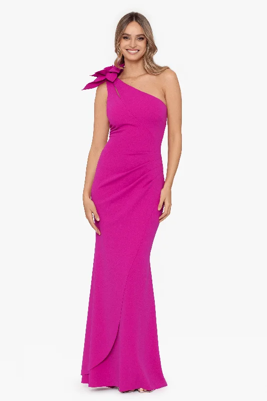 Long Scuba Ruched Flower 1 Shoulder Gown