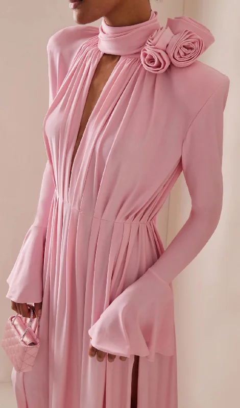 LONG SLEEVE FLOWER EMBELLISHED MAXI DRESS IN PINK