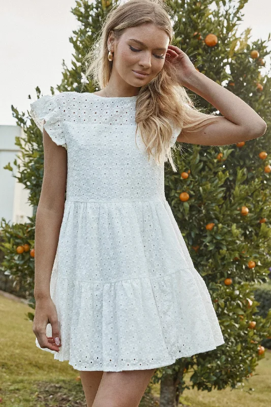 Louise Cap Sleeve Shift Dress Eyelet Embroidery White