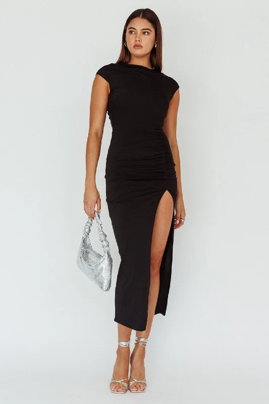 Lucinda Cap Sleeve Ruched Midi Dress Black