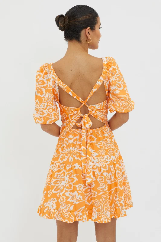 Madrid Summer Tied Back Mini Dress Print Orange