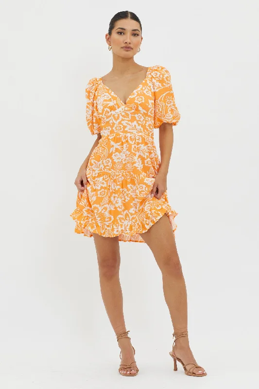 Madrid Summer Tied Back Mini Dress Print Orange