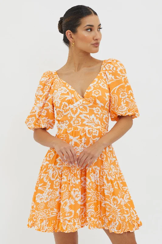 Madrid Summer Tied Back Mini Dress Print Orange