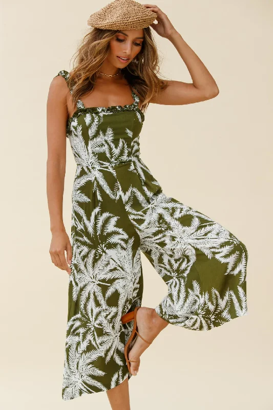 Magdalene Frill Strap Midi Jumpsuit Palm Print Olive