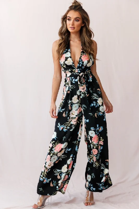 Make Me Halterneck Low Back Jumpsuit Floral Print Black