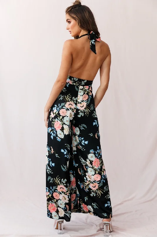 Make Me Halterneck Low Back Jumpsuit Floral Print Black