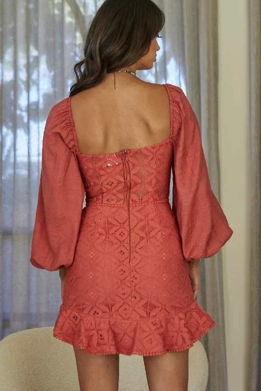 Make Memories Balloon Sleeve Molded Bust Lace Dress Rose