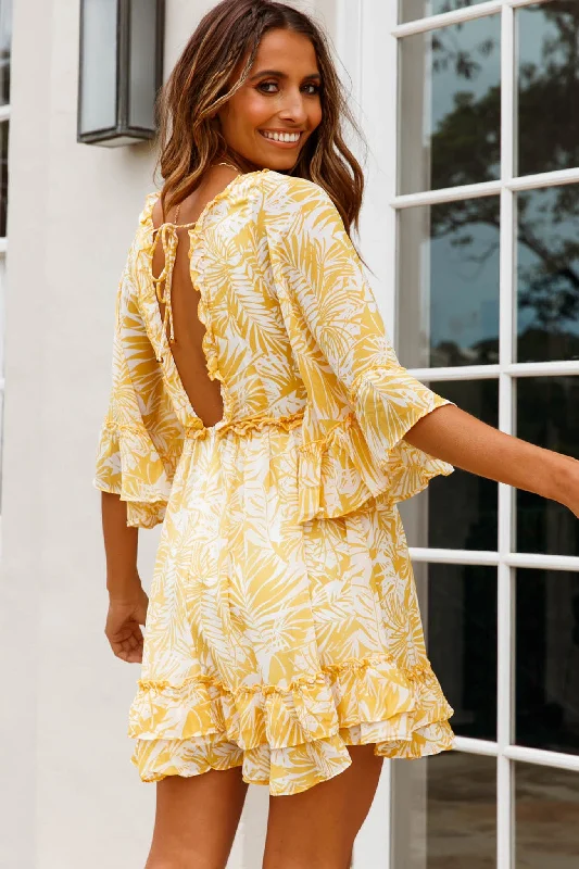 Making Me Blush Bell Sleeve Frill Trim Dress Tropical Print Yellow