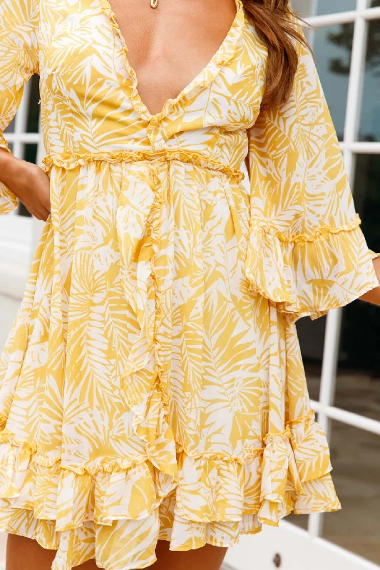 Making Me Blush Bell Sleeve Frill Trim Dress Tropical Print Yellow