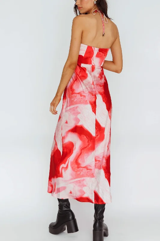 Marcello Cowl Halterneck Midi Dress Marble Red