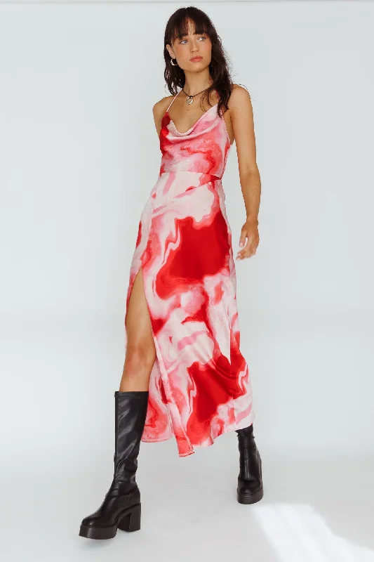 Marcello Cowl Halterneck Midi Dress Marble Red