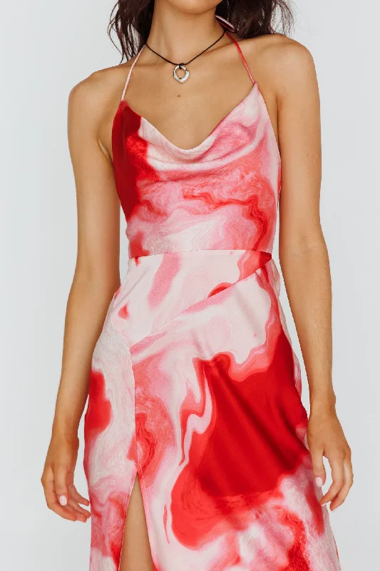 Marcello Cowl Halterneck Midi Dress Marble Red