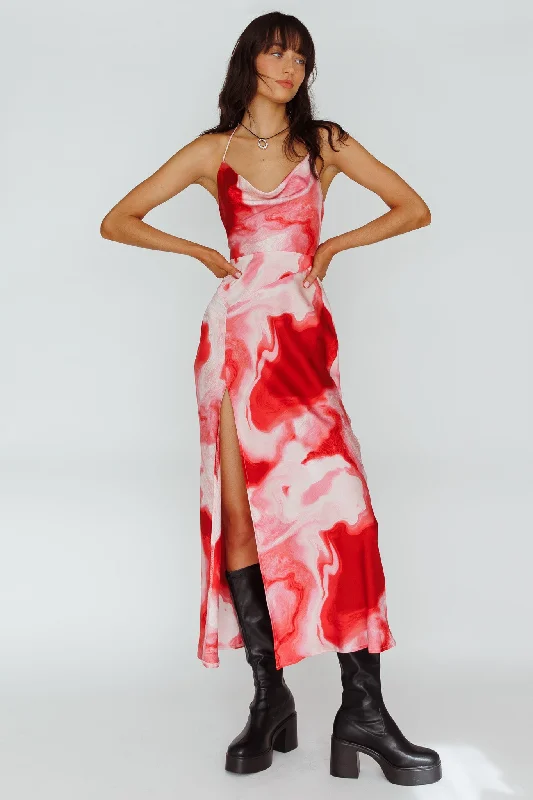 Marcello Cowl Halterneck Midi Dress Marble Red