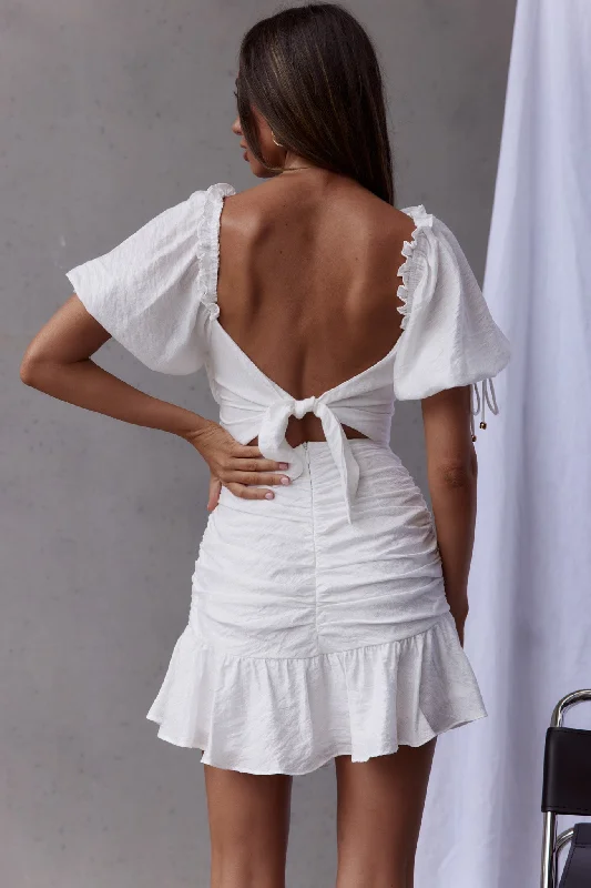 Mariel Puff Sleeve Crossover Bust Tied Back Mini Dress White