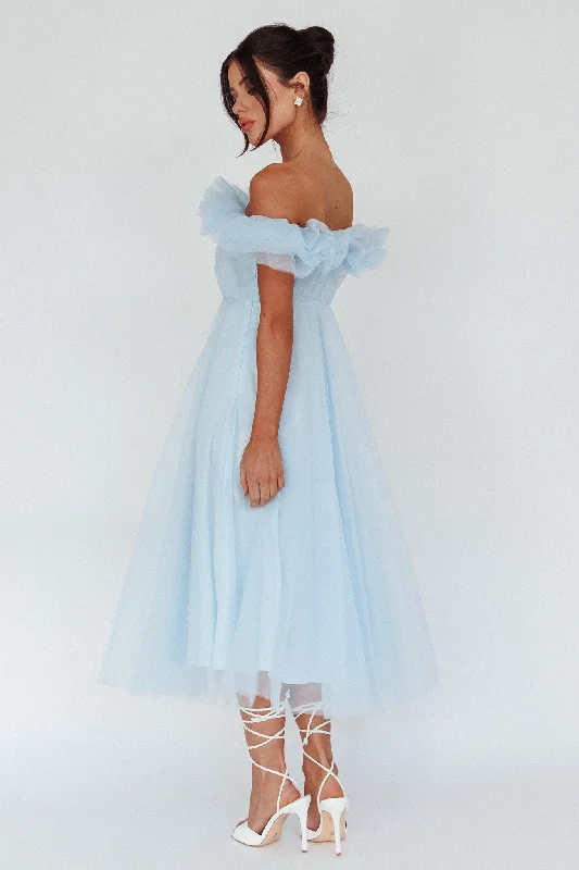 May Rose Off-Shoulder Tulle Midi Dress Light Blue