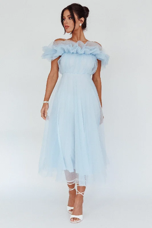 May Rose Off-Shoulder Tulle Midi Dress Light Blue