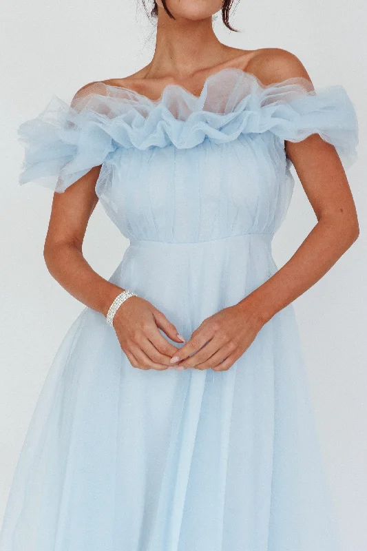 May Rose Off-Shoulder Tulle Midi Dress Light Blue