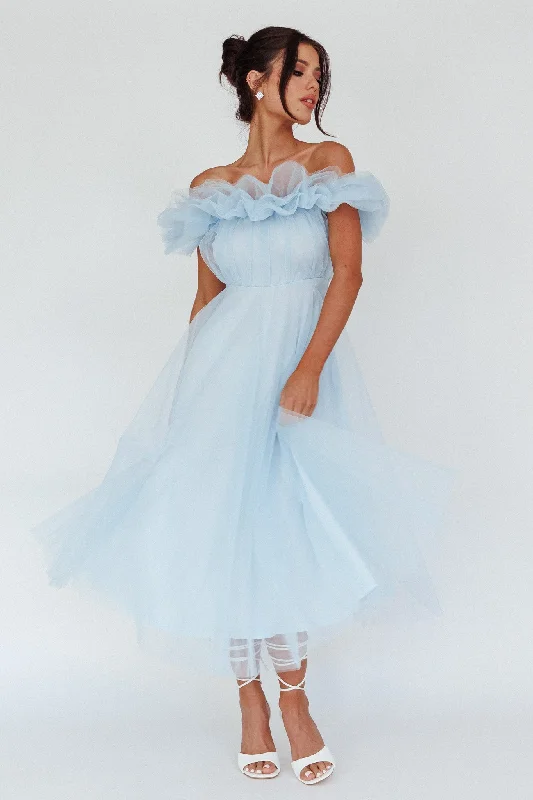 May Rose Off-Shoulder Tulle Midi Dress Light Blue