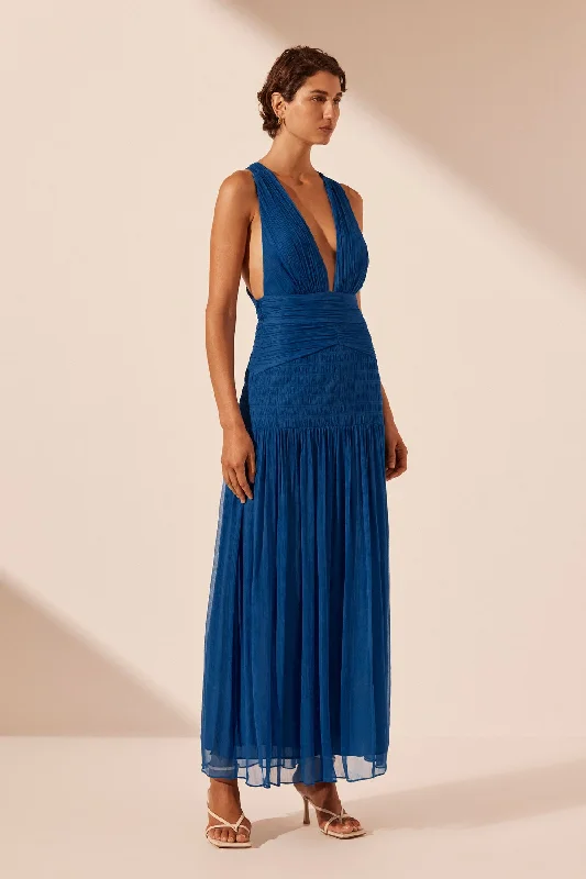 MAYA PLUNGED TIE BACK MIDI DRESS - STRONG BLUE