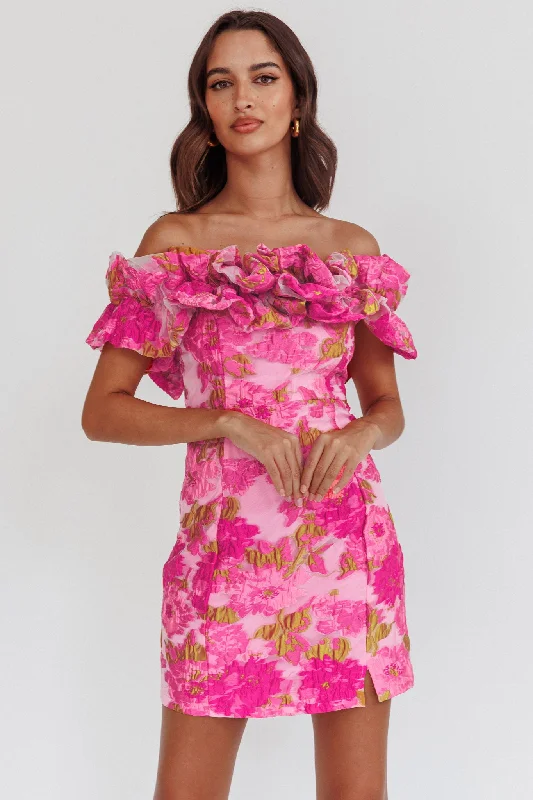 Memoire Off-Shoulder Textured Mini Dress Pink