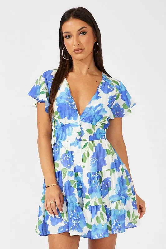 Multi Floral Fit And Flare Dress V-neck Mini