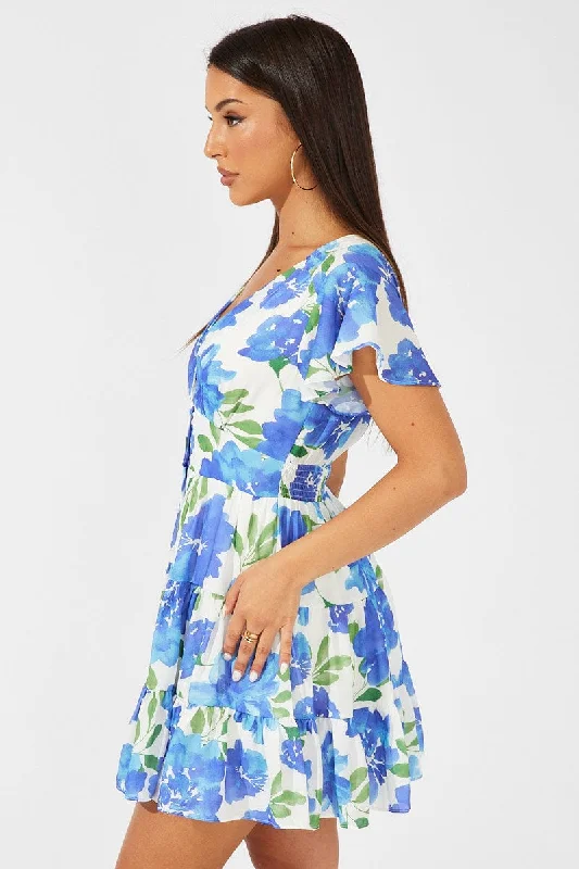 Multi Floral Fit And Flare Dress V-neck Mini