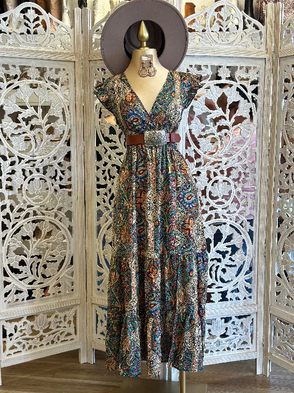 Multi Pattern Maxi Western Dress- Stretchy