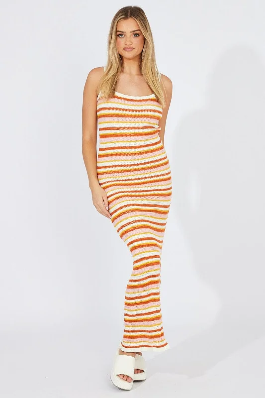 Multi Stripe Knit Dress Maxi Crochet