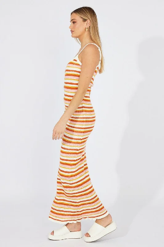 Multi Stripe Knit Dress Maxi Crochet