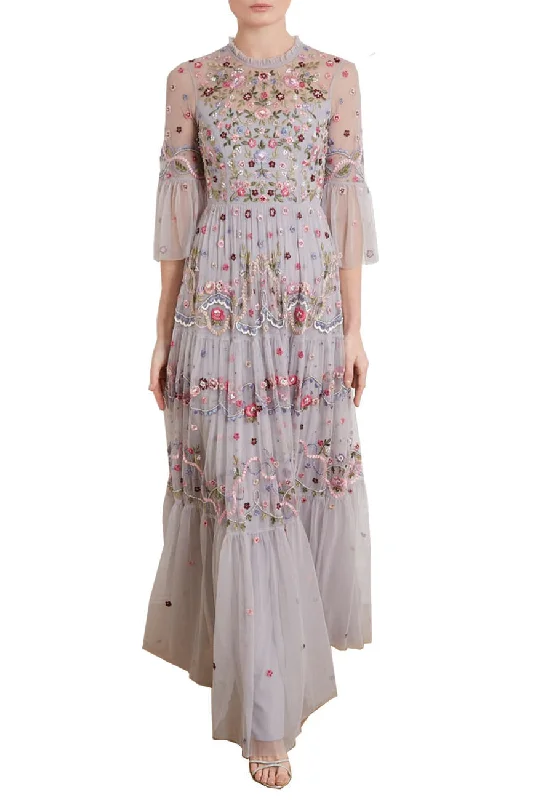 Light Grey Dreamers Floral Embroidered Tulle Gown