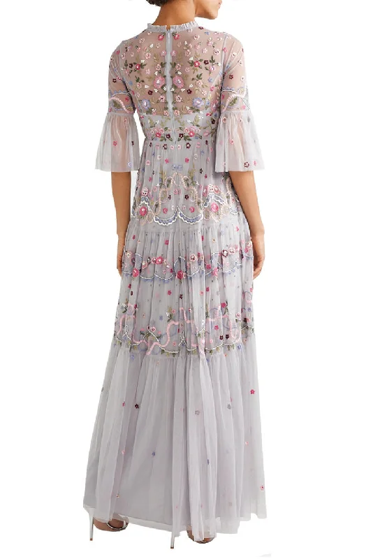 Light Grey Dreamers Floral Embroidered Tulle Gown