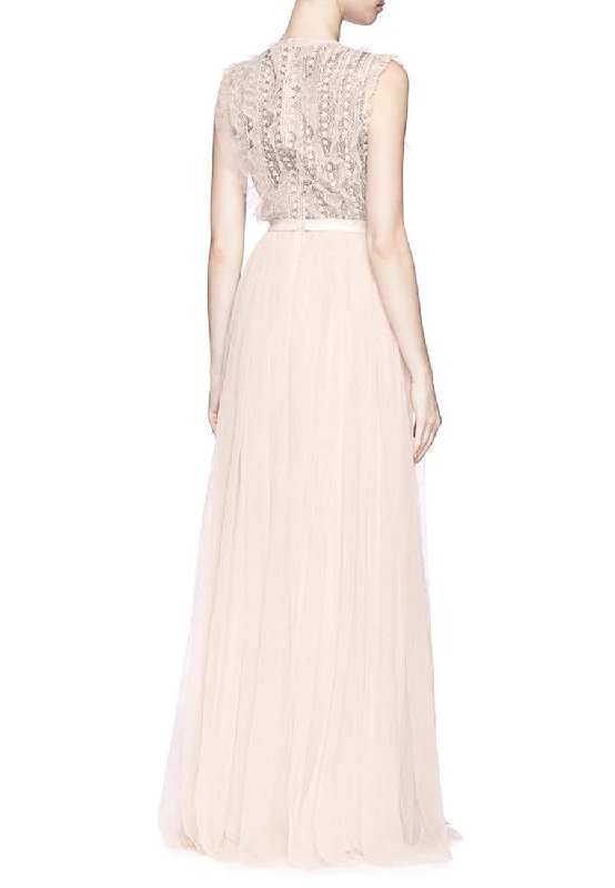 Nude Jet Frill Ruffled Embellished Tulle Gown (UK 8)