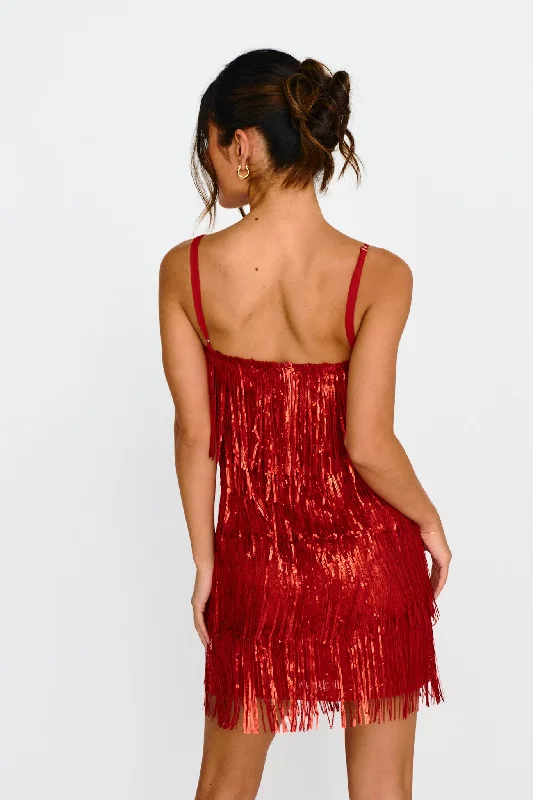 New York Nights Sequin Fringe Mini Dress Red