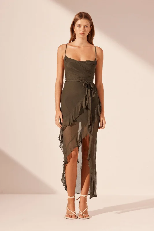 ODEN COWL NECK ASYMMETRICAL MAXI DRESS - OLIVE