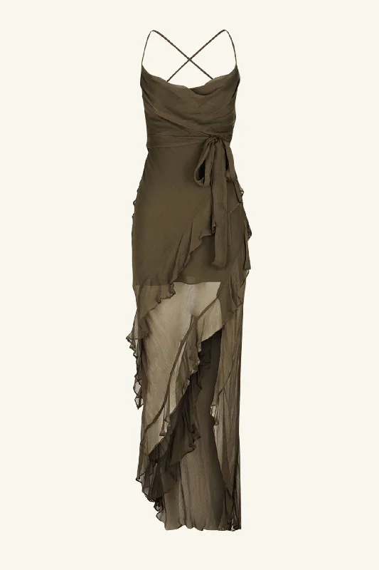 ODEN COWL NECK ASYMMETRICAL MAXI DRESS - OLIVE