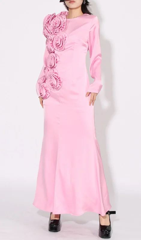 LONG SLEEVE FLOWER-APPLIQUÉD MAXI DRESS