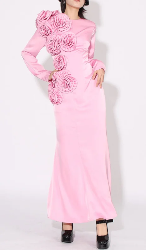 LONG SLEEVE FLOWER-APPLIQUÉD MAXI DRESS