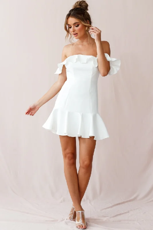 Ondine Bardot Neckline Fluted Hem Dress White