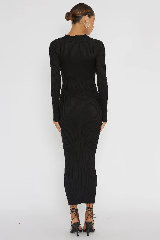 One Mind Cut-Out Neckline Knit Midi Dress Black