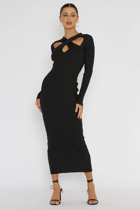 One Mind Cut-Out Neckline Knit Midi Dress Black