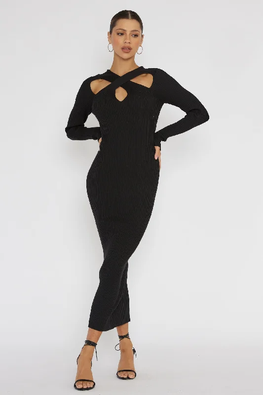 One Mind Cut-Out Neckline Knit Midi Dress Black