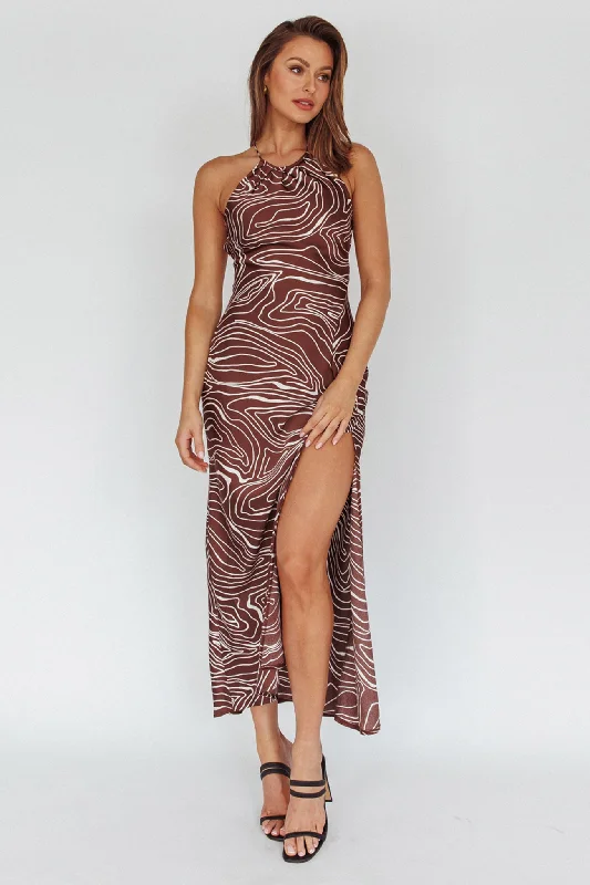 Onella Halterneck Laced Back Maxi Dress Ripple Brown