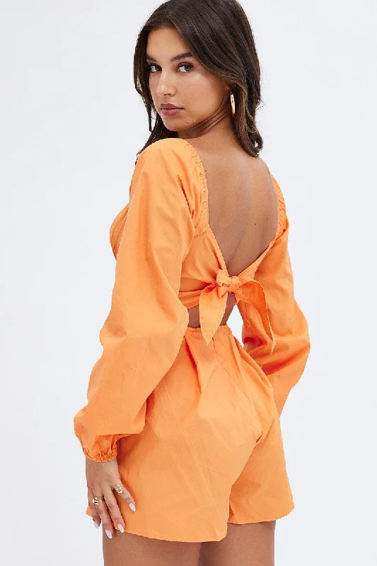 Orange Poplin Playsuit Long Sleeve Tie Back