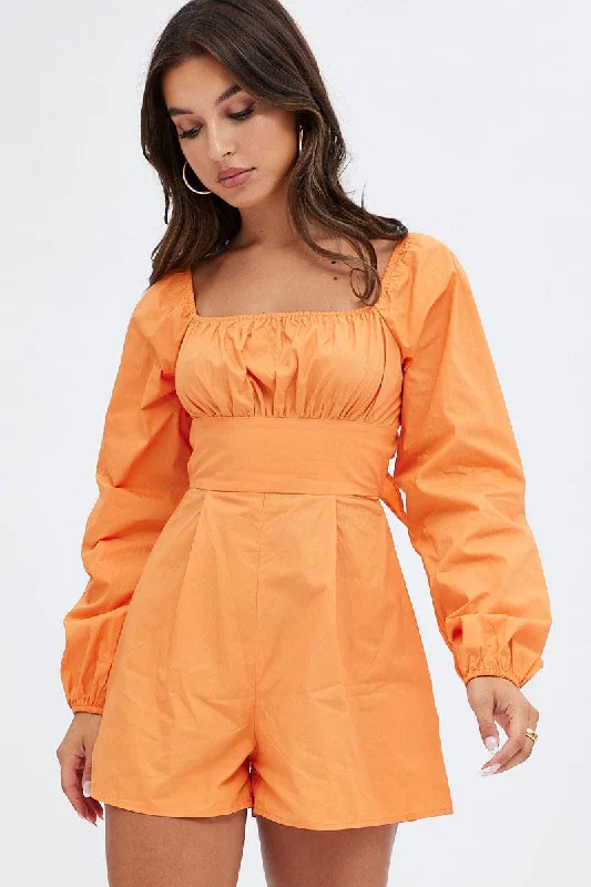 Orange Poplin Playsuit Long Sleeve Tie Back